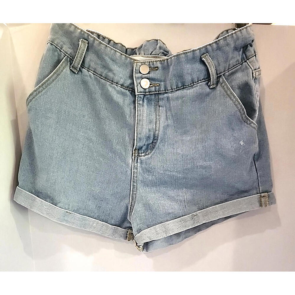 Women's Size Large elastic waist ROMWE Cuffed Denim Shorts ~ faded / distressed